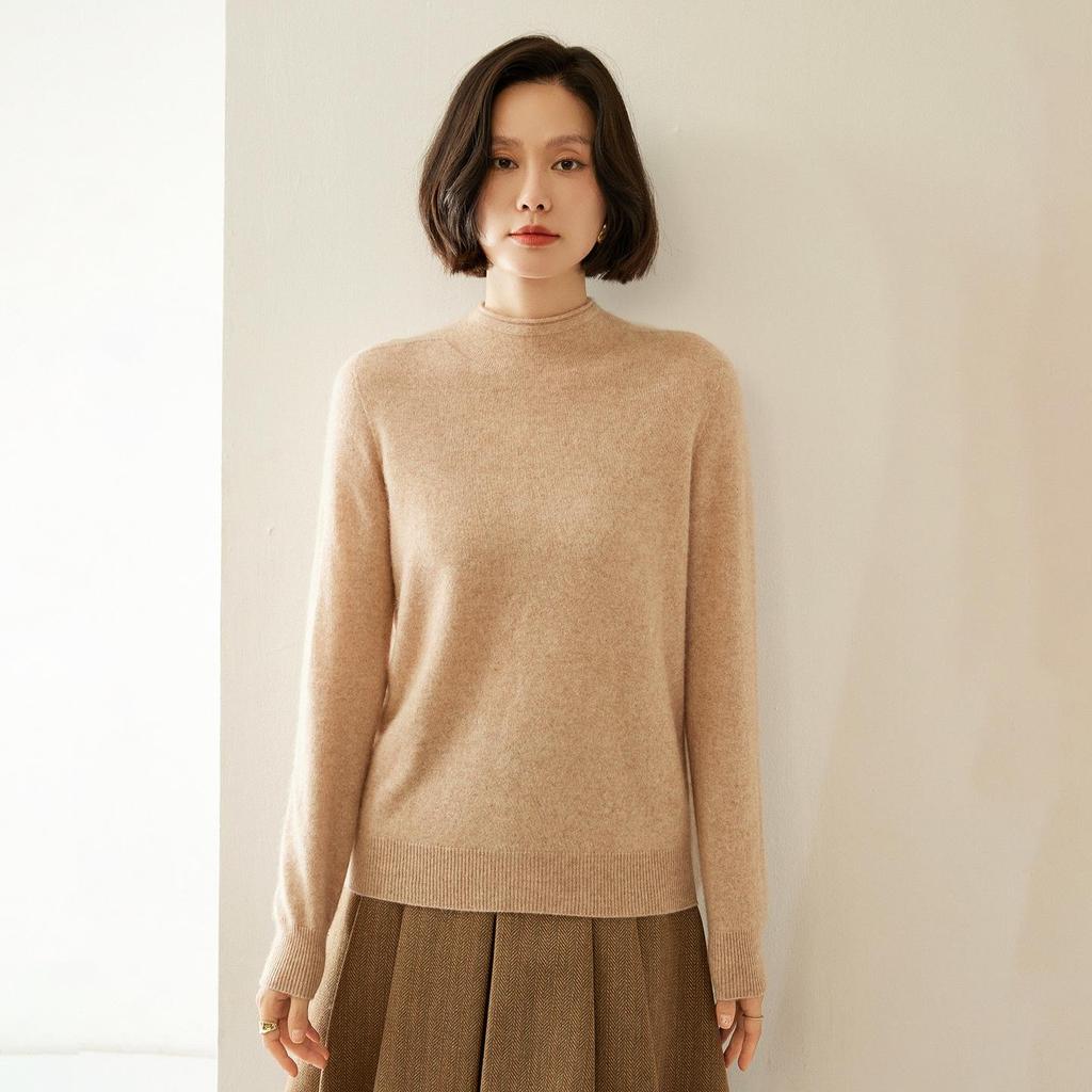 Women's Cashmere Half-High Collar Sweater: Autumn/Winter Style, Twelve-Stitch Rolled Hem, Loose Slimming Knit Base Layer