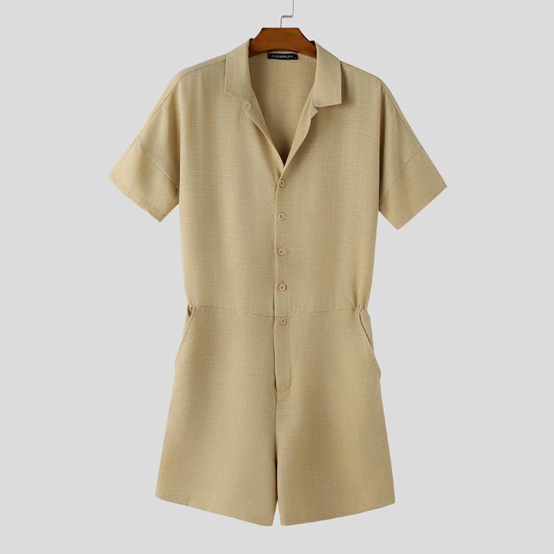 INCERUN Mens Casual Lapel Neck Short Sleeve Button Romper Jumpsuit