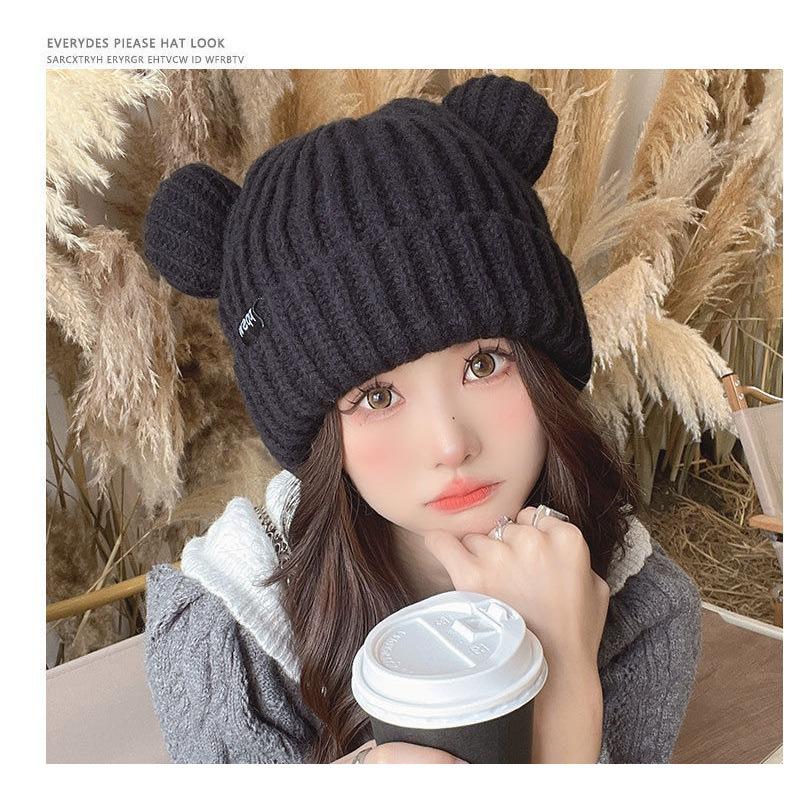 New age-reducing double ball cute knitted wool hat bear crimped wool hat student ear hat