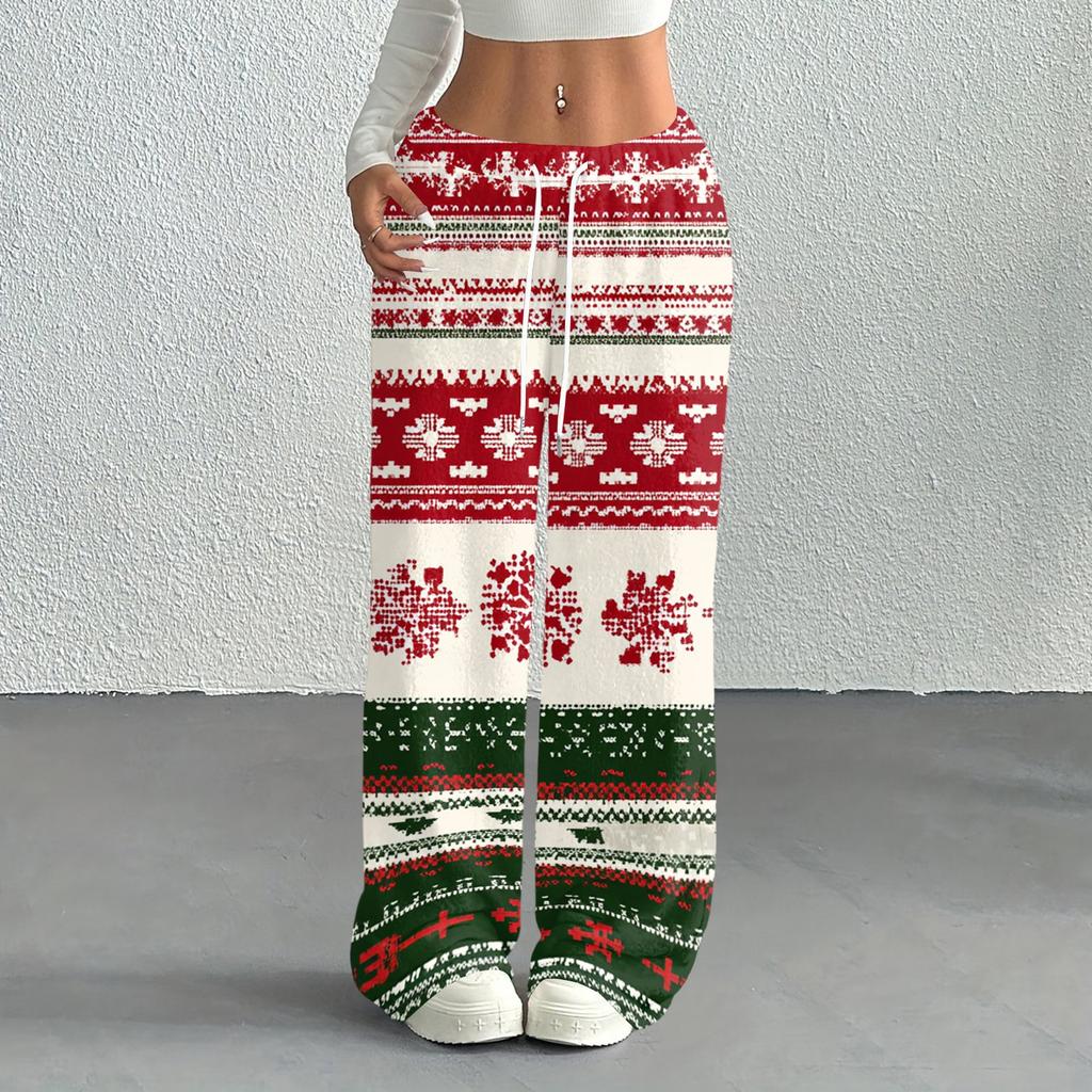Women's Casual Christmas Print Lined Straight Leg Pants with and Elastic Waist