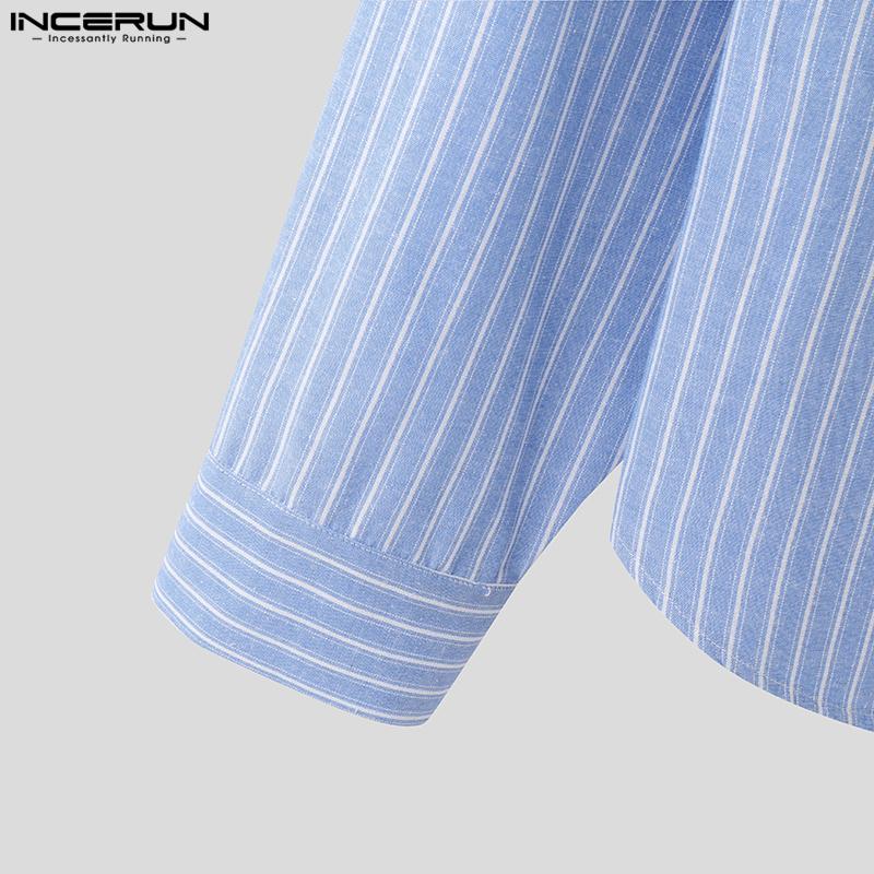 Oversized Men Incerun Neck Lapel Long Sleeve Striped Casual Loose Shirts Tops