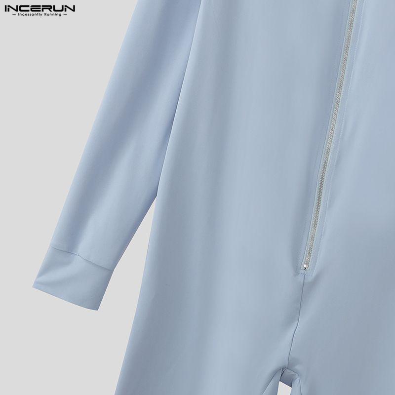 INCERUN Men High Neck Long Sleeve Zip-up Rib Jumpsuits Rompers Underwear