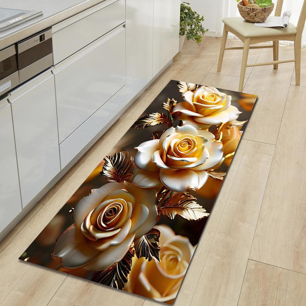 1Pcs Cat Rose Pattern Floor Mat Modern Kitchen Polyester Rug Non-Slip Colorful Indoor Carpet, For Home Bathroom Bedroom Living Room Decor
