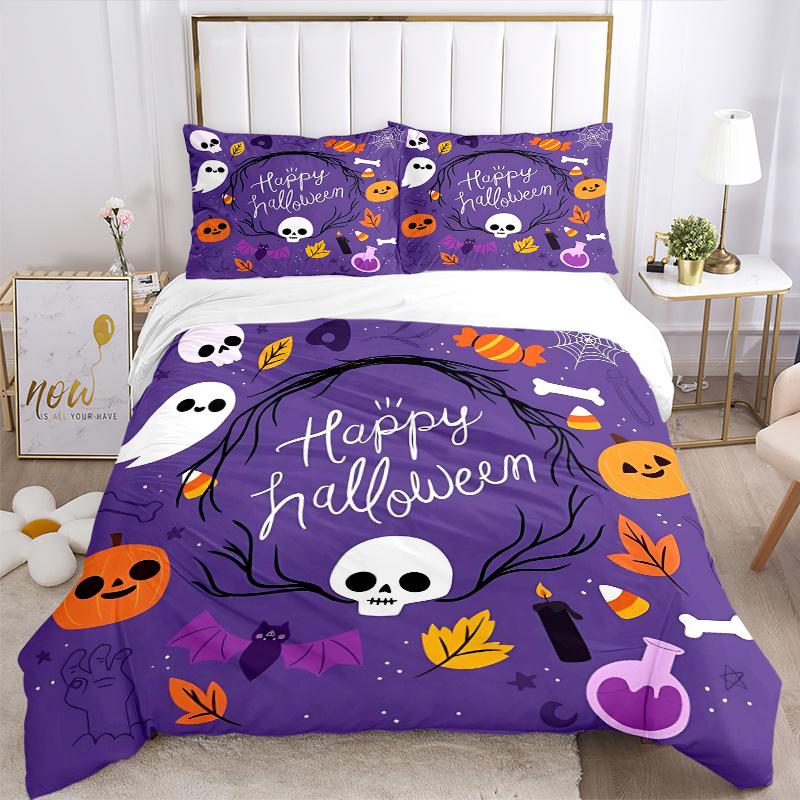 3-teiliges Bettwäsche-Set mit niedlichem Kürbis-, Geister- und Totenkopfmuster für ein fröhliches Halloween (1 Kissenbezug + 2 Kissenbezüge, ohne Füllung), Dieses bedruckte Bettwäsche S