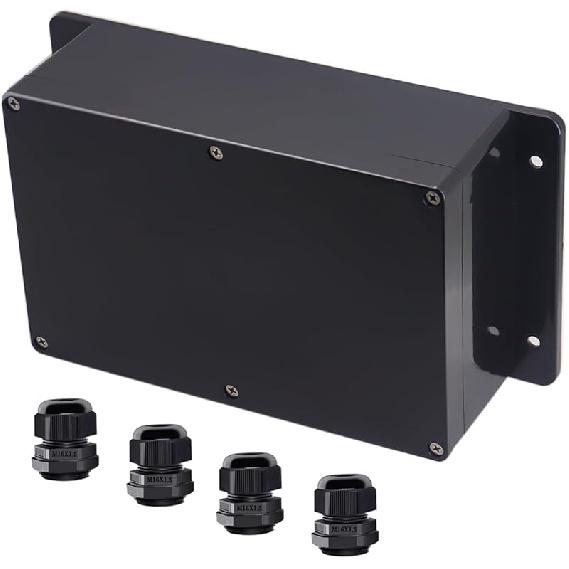 Project Box ABS Black Electrical Boxes IP65 Outdoor Waterproof Box Electronic Junction Box Fixed Ear Power Enclosure with Cable Glands for DIY