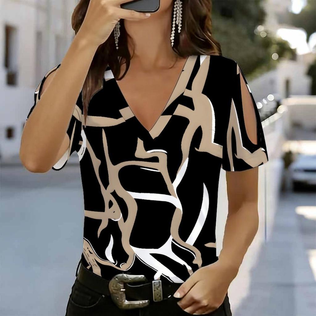 Women V Neck Cold Shoulder Blouse Dark Brown Dense Leopard Print Short Sleeve Top