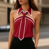 Women’s Sleeveless Collared Tie Front Blouse Contrast Trim Halter Neck Buttonless Pullover Top for Office and Casual Wear