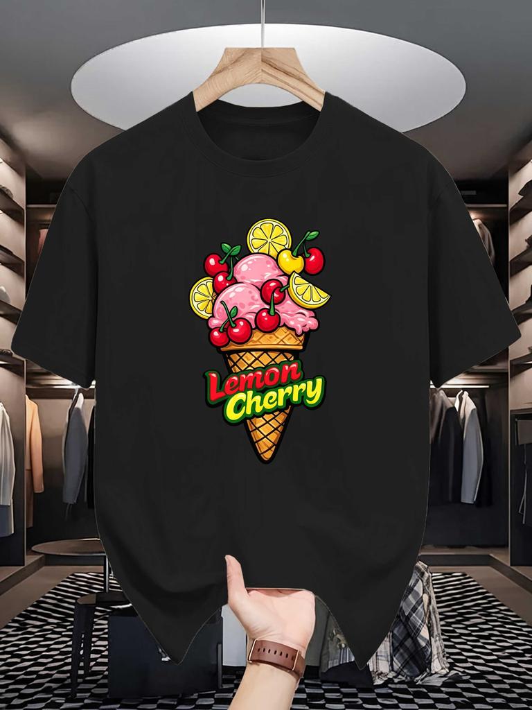 Unisex Summer Short Sleeve Crew Neck Tee Cartoon Lemon Cherry Ice Cream Print Casual Loose Fashion Streetwear Daily Basic Top