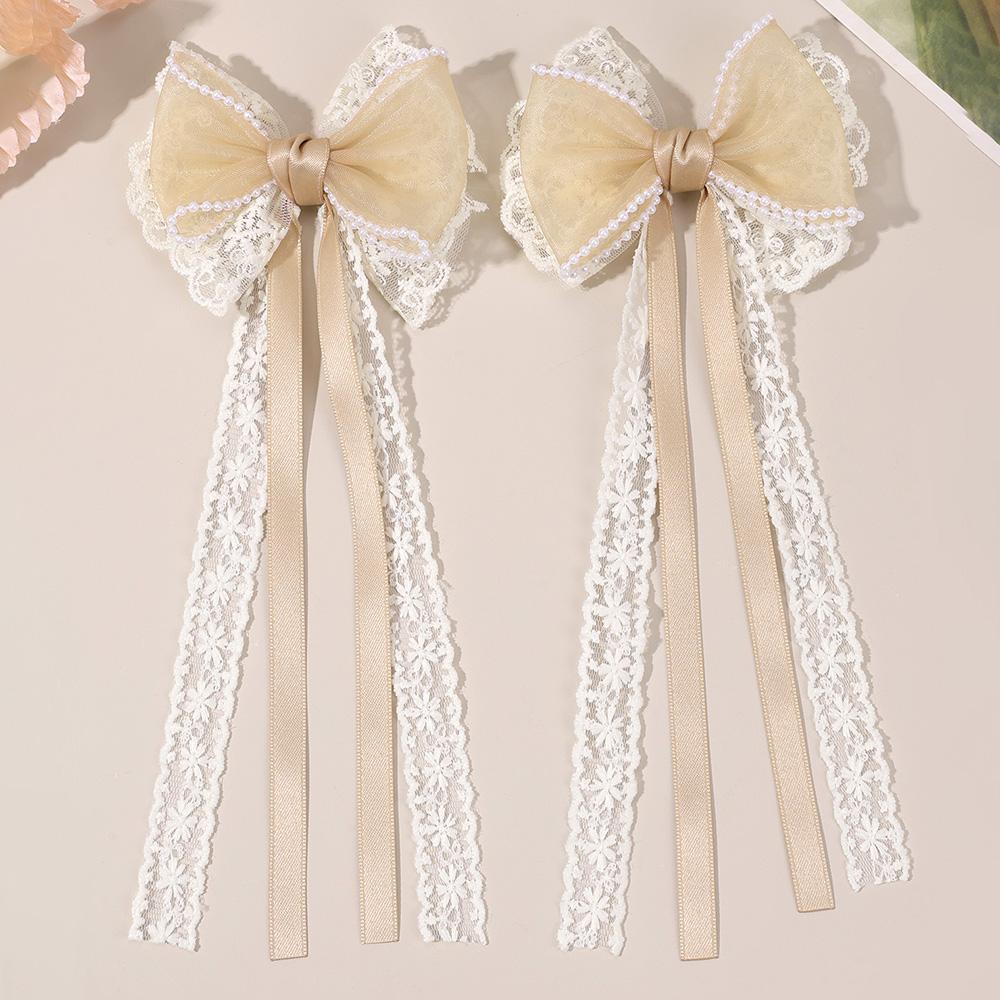 2 Stück Beige Spitze Schleife Haarspangen Mit Langem Band Elegante Perlenbesetzte Chiffon Schleife Barette Für Mädchen Frauen Haarschmuck