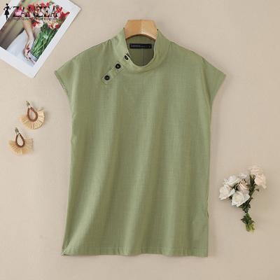 Women Side Button Stand Collar Summer Short Sleeve Blouse