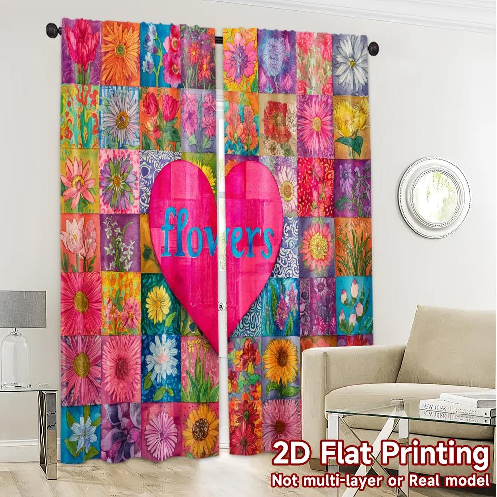 2D Flat Printing  JIT 2pcs   Curtains (Without Rod) FloralHeartPatchwork Chic Curtain Fabric Polyester Curtains Decorations Inside