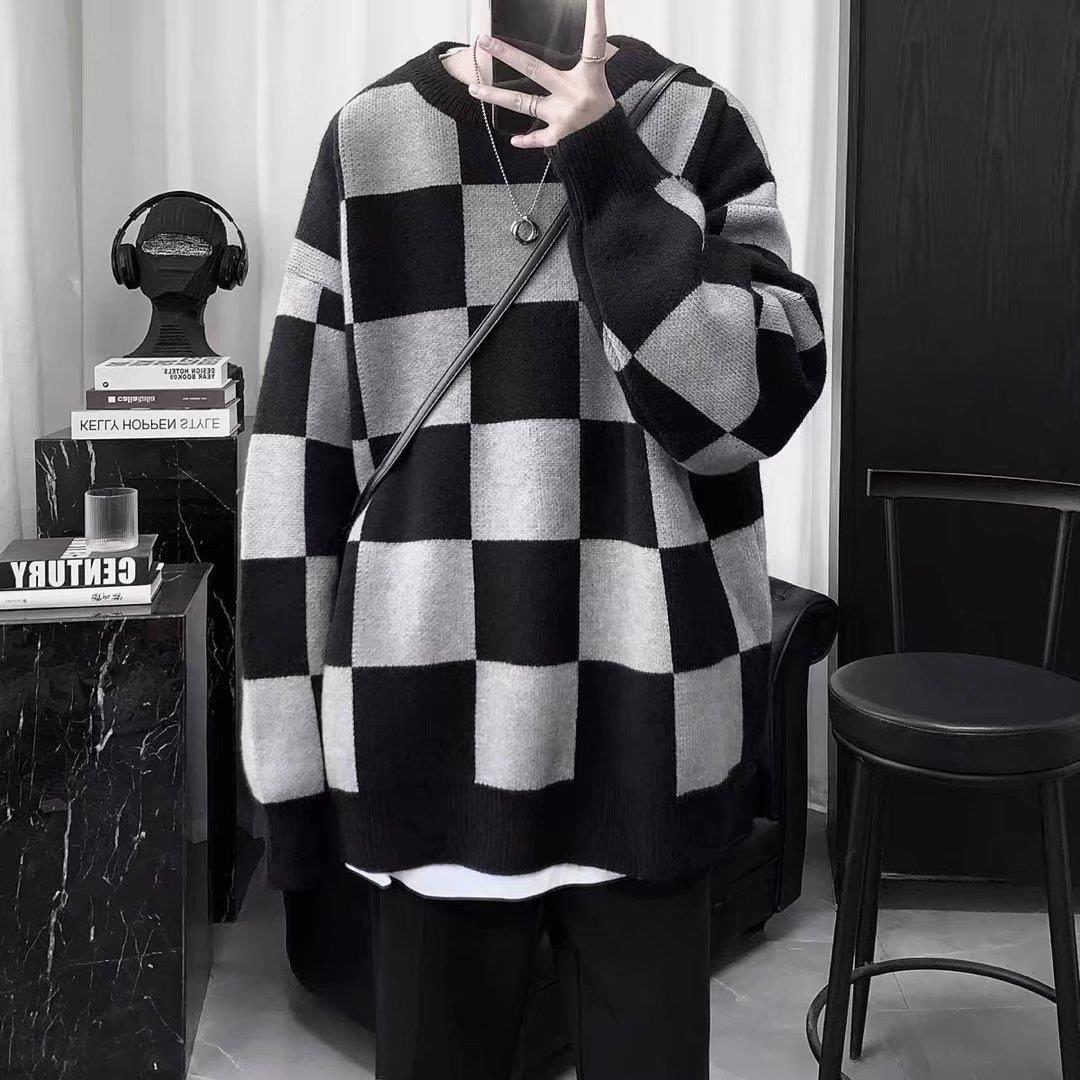 

Men s Black Checkerboard Slimming Loose Knit Sweater – Autumn/Winter Half-High Collar Wool Sweater M чёрный