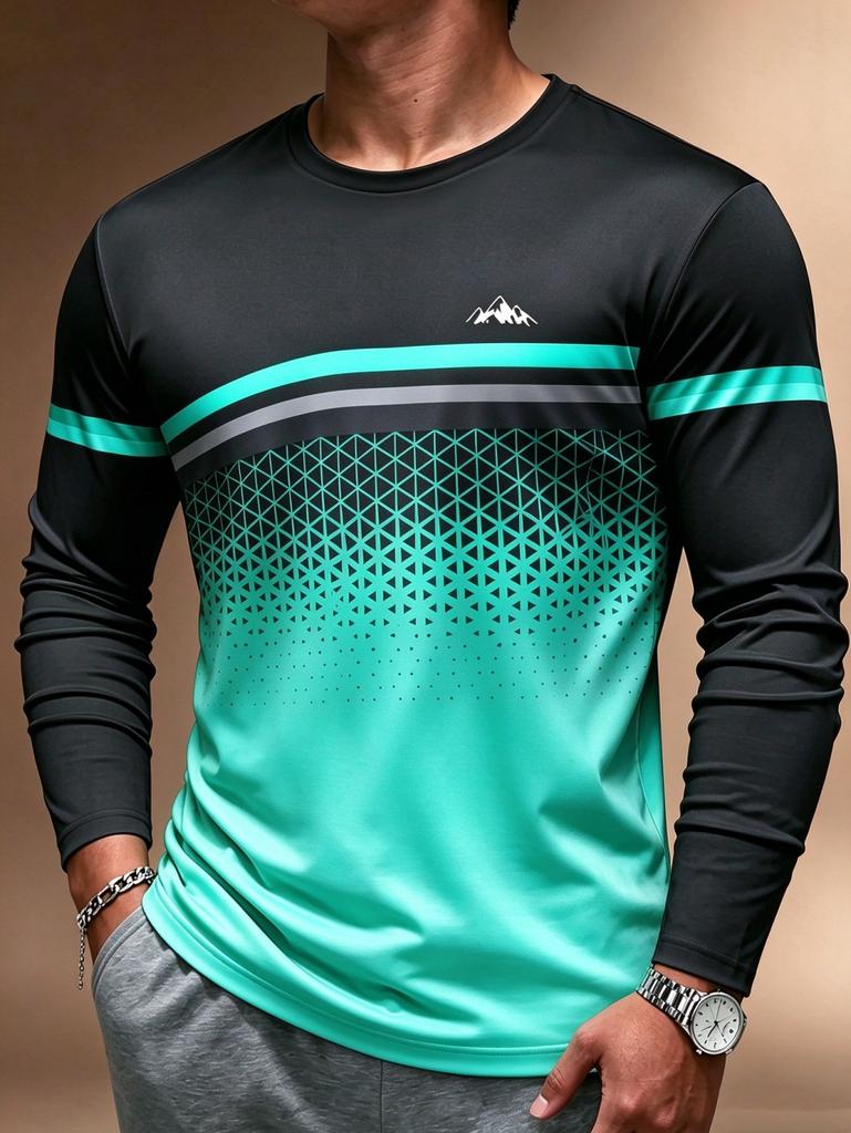 2026 Einfaches Herren-Streifen-Gradient-T-Shirt Herbst Outdoor Mode Langarm-Oberteile Übergroße Langarm-T-Shirts Herrenbekleidung