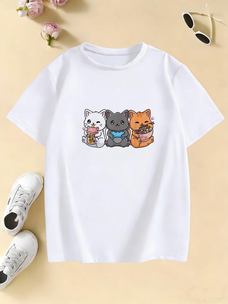 Kawii Unisex Kids Cat Eat Ramen Design T Shirts Manga Kids Childrens Tshirt Boys Girls Summer Spring Casual Top Tee