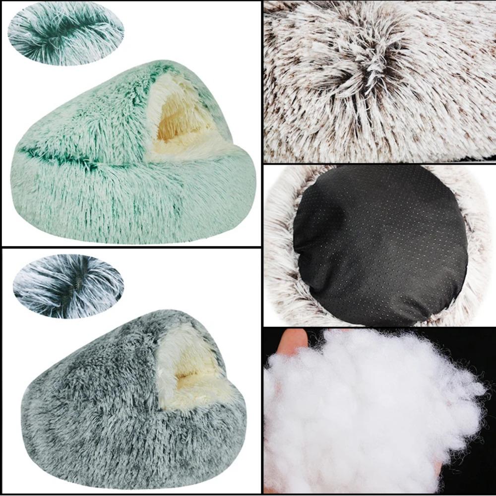Fluffy Warming Cat Cave Bed Calming Dog Bed Semi-closed House  Donut Dog Cuddler Bed Machine Washable Round Pet Bed