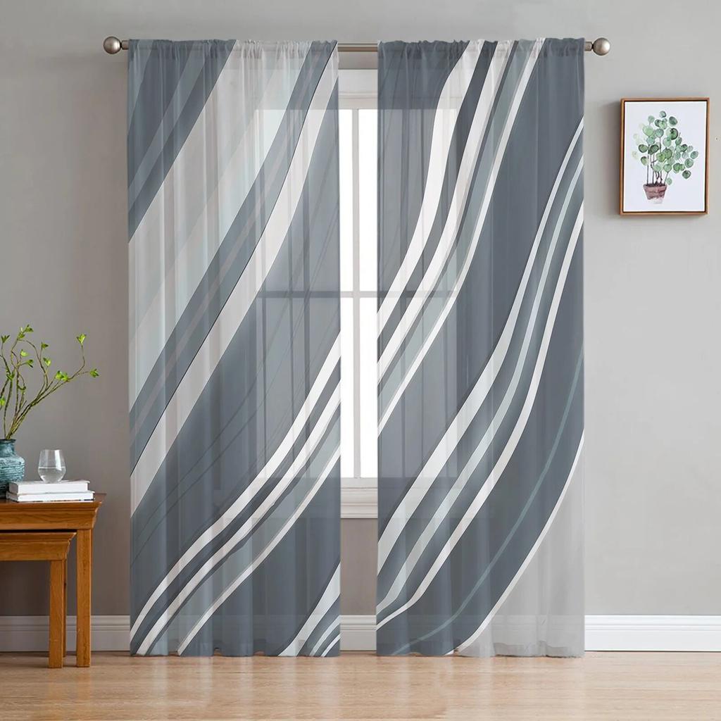 Line Abstract Gradient Hand-painted Bedroom Transparent Sheer Curtains Holiday Decoration Window Voile Tulle Curtain