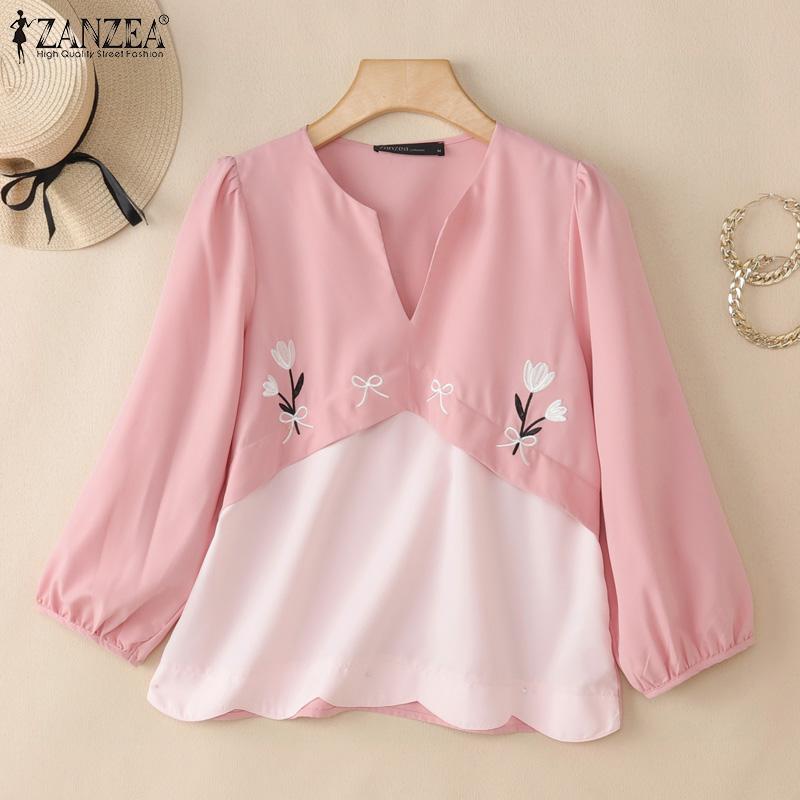 ZANZEA Women Casual V-Neck Loose 3/4 Sleeve Embroidery Blouse