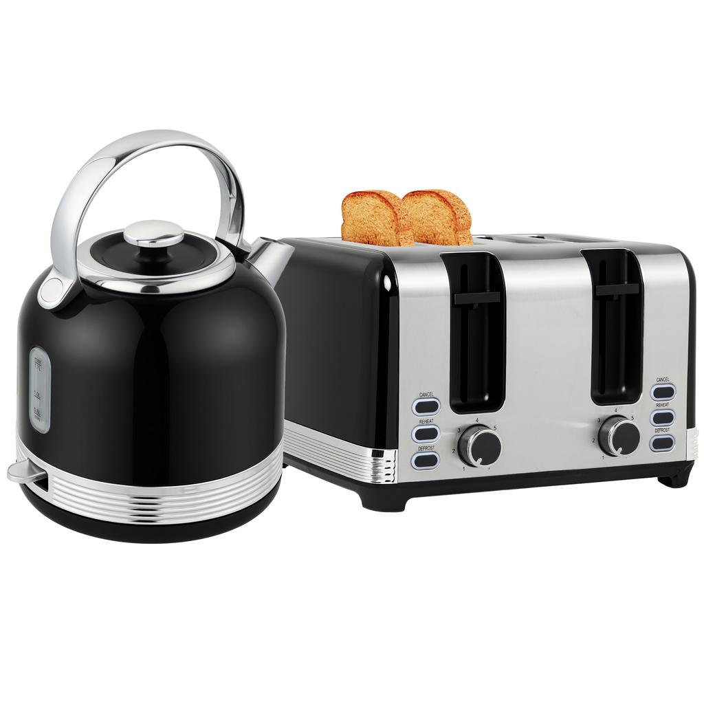 Polished Stainless Steel Kettle and Toaster Set - Black
