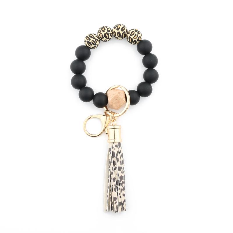 Silicone & Beech Wood Beaded Keychain Bracelet with Pendant