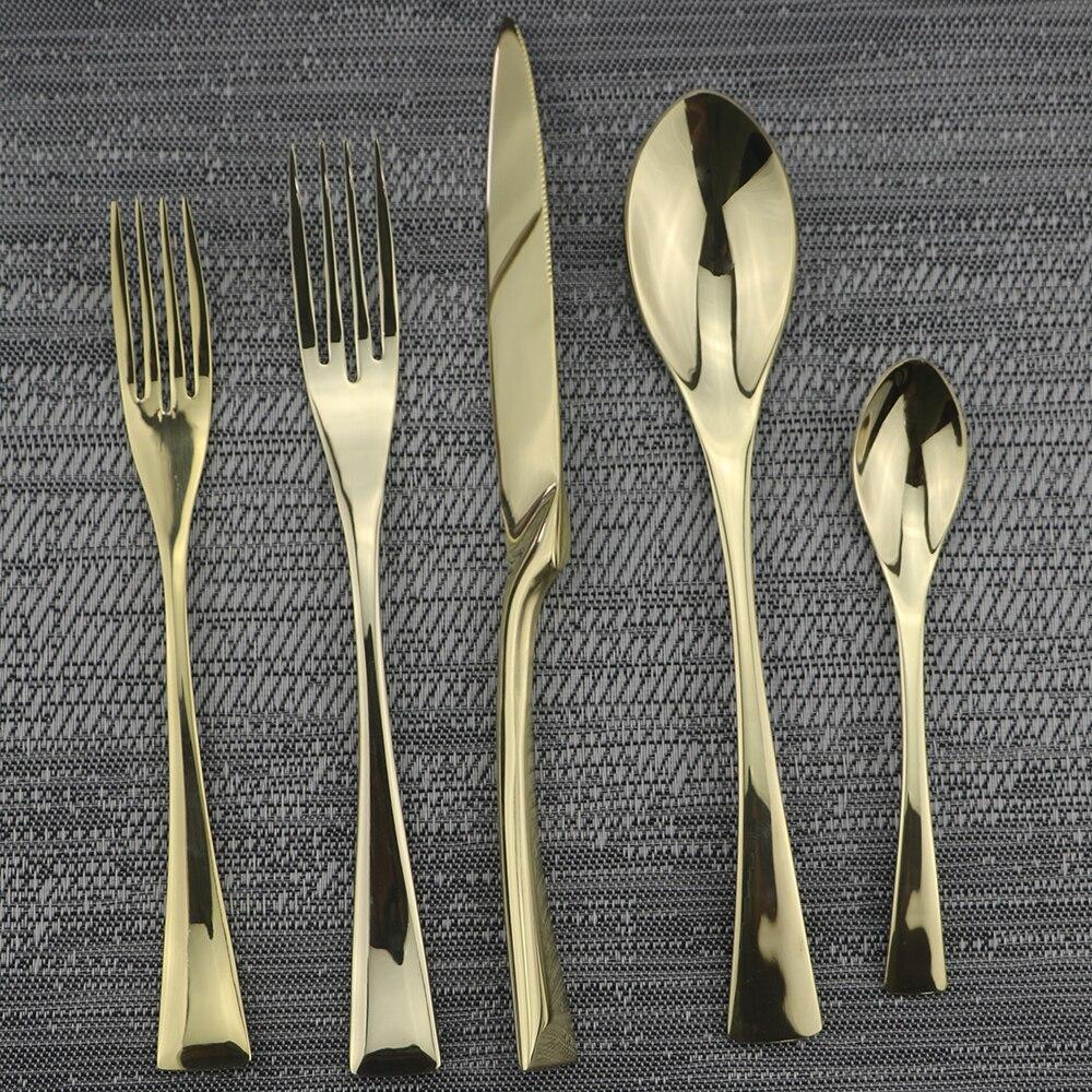 Luxury Shiny 5Pcs Portable Travel Cutlery Dinnerware Set Knife Fork Spoon Dessert Fork Teaspoon Tableware Set Stainless Steel