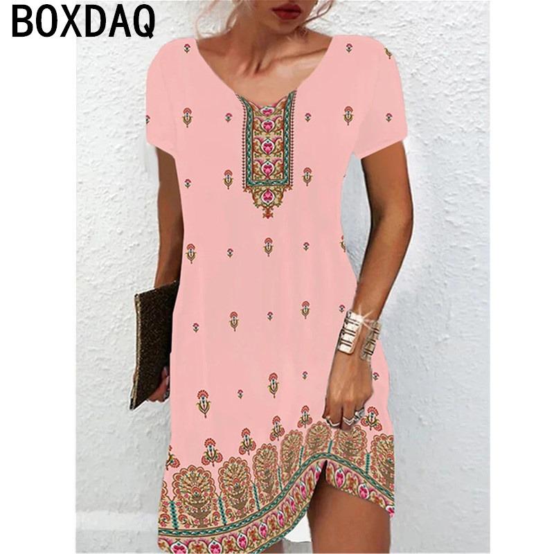 Women Summer Short Sleeve V-Neck Dress 3D Vintage Floral Gradient Elegant Dress Big Size Casual A-Line Dresses