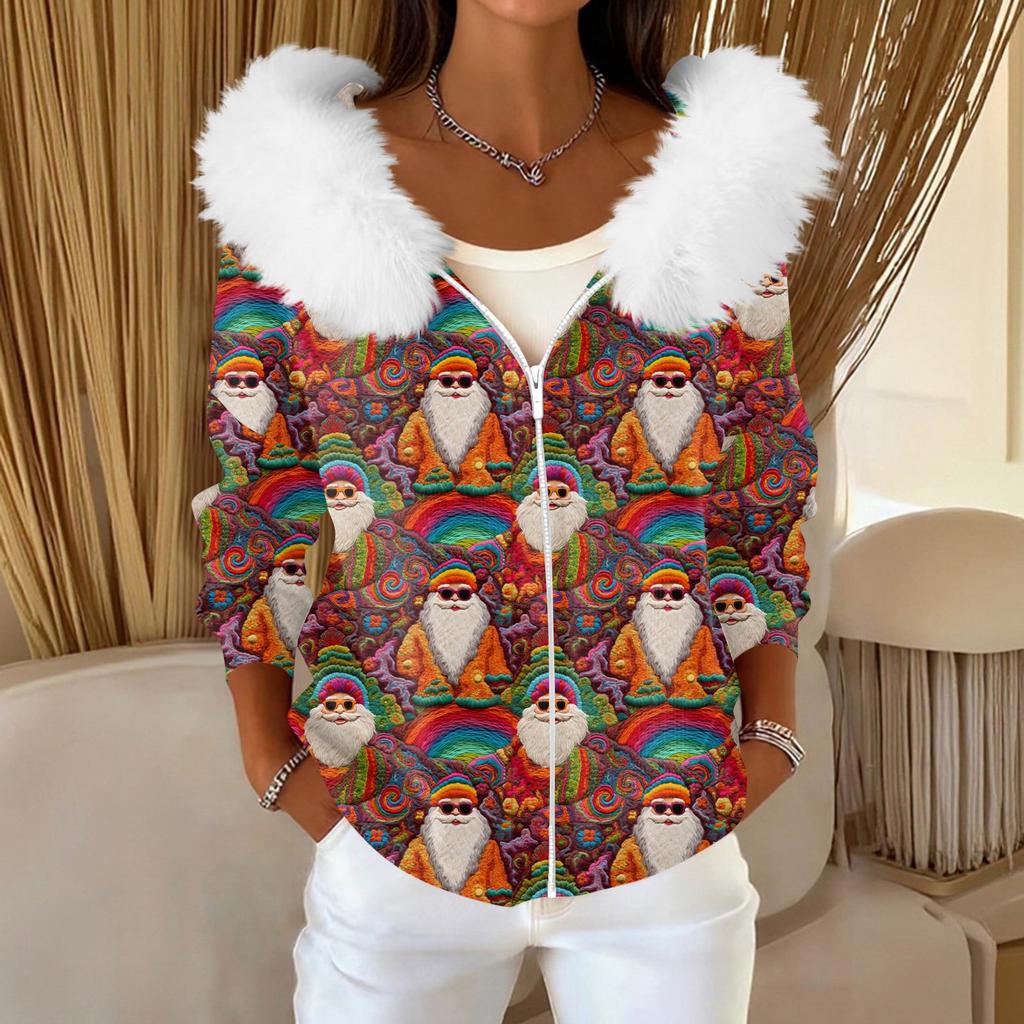 Women's Fashion Casual Sweater Zipper Print Cardigan Plush Hooded Jacket