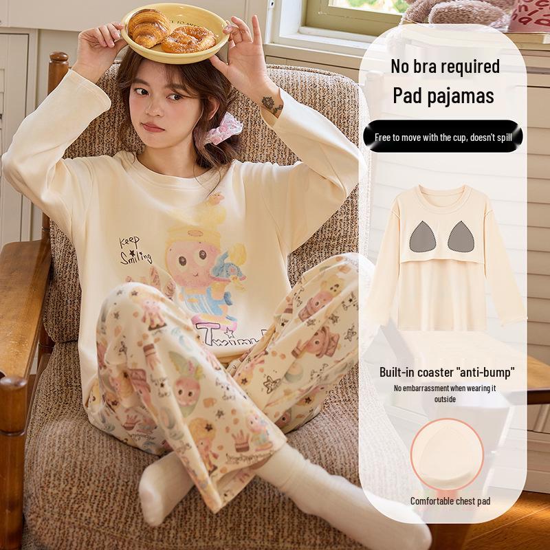 Ensemble de Pyjama Coréen pour Femme avec Coussinet de Poitrine - Manches Longues, Vêtement d'Intérieur Mignon pour le Printemps et l'Automne (2025)