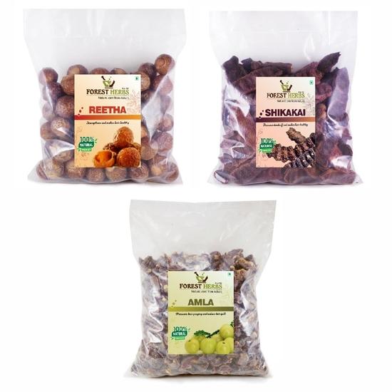 The Forest Herbs Soin Naturel De la Nature Bio Entier Séché Amla, Reetha, Shikakai Forme Brute pour Soin Capillaire Combo Chaque 200Gms