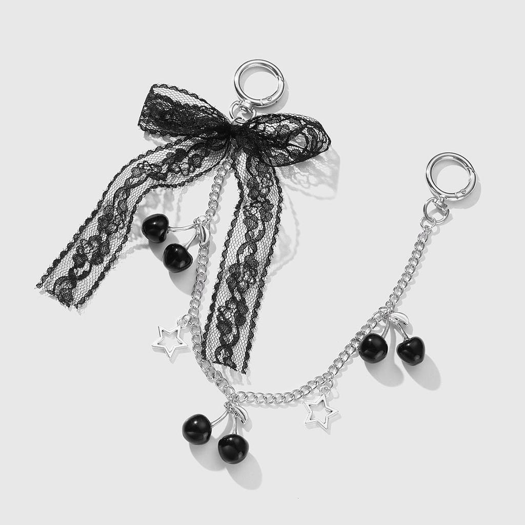 Retro Black & White Lace Bow Cherry Heart Star Keychain Charm