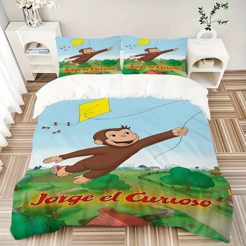 3pcs Curious George Flying Kite Home Bedding Set-Universal Three-Piece Suit for Bedroom, Guest Room, Living Room, Hotel-Perfect Gift for Fan