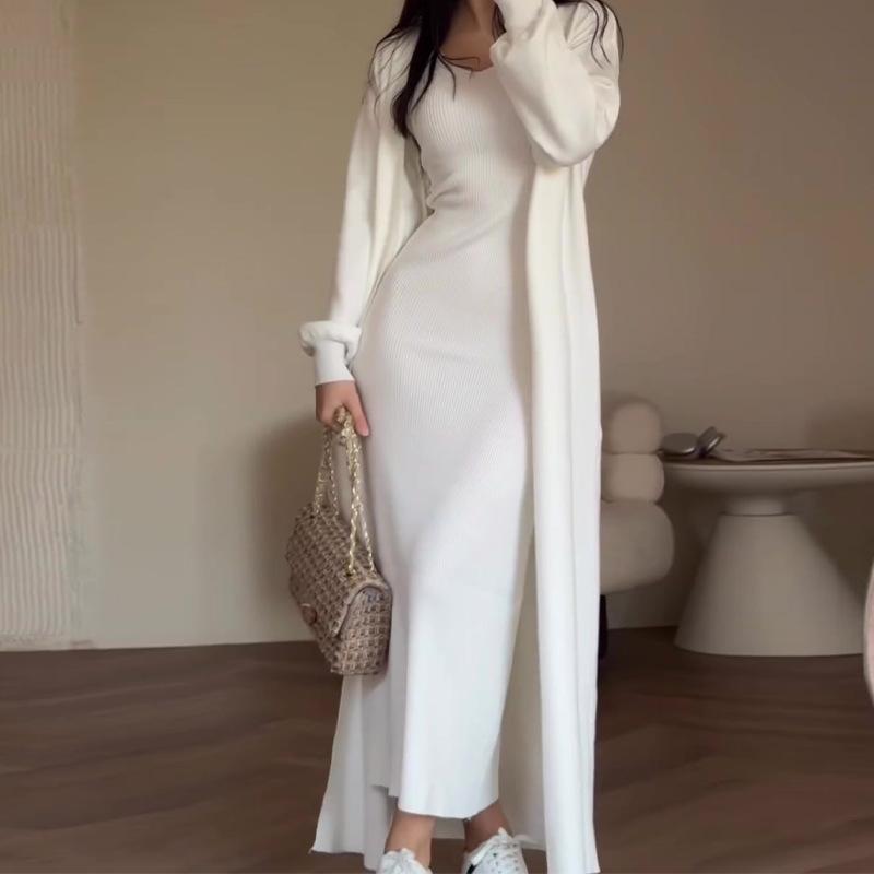 2026 Autumn European & American Solid Color Slim Knit Sweater Over-the-Knee Long Dress Set for Women