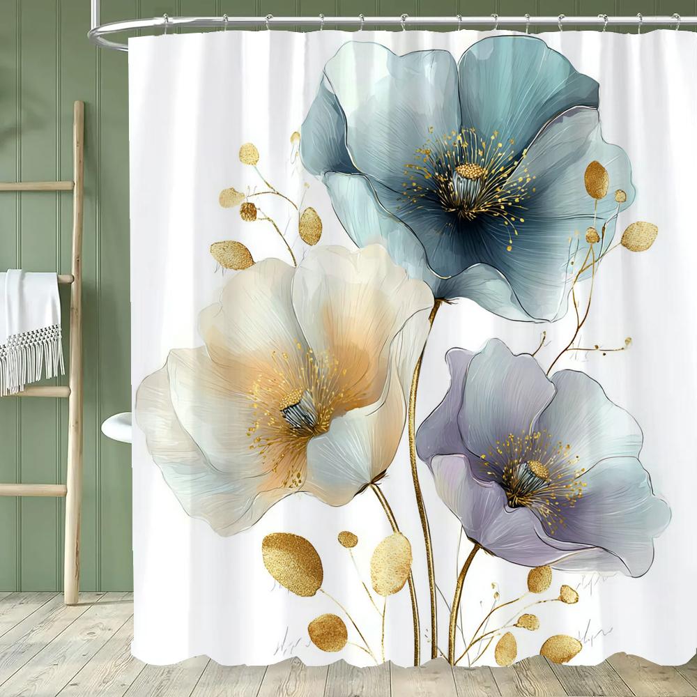 Beautiful Flowers Shower Curtain for Bathroom Blue Floral Romantic Wildflower Plants Nature Scenery Home Decor Curtain with Hook