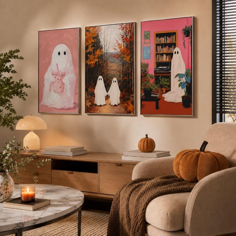 Cute Ghost Black Cat Canvas Gallery Wall Prints Halloween Floral Bat Wall Art Soft Pastel Fall Farmhouse Holiday Home Decor Gift