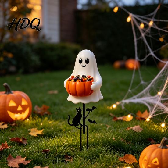 Süße Halloween-Gartendekoration Geist Süßigkeitenschale Pfahl 2D Flacher Kürbis Halter mit Katze und Fledermäusen Süßes oder Saures Hof-Kunst für Veranda Weg Rasenpfähle