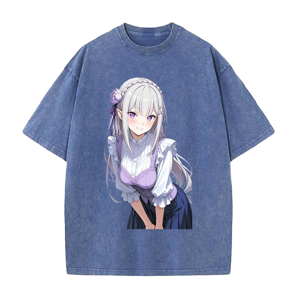 Emilia Re ZERO Starting Life In Another World Anime Clothing Men Women T-shirts Washed T Shirt Retro Cotton Tshirt Harajuku Tops