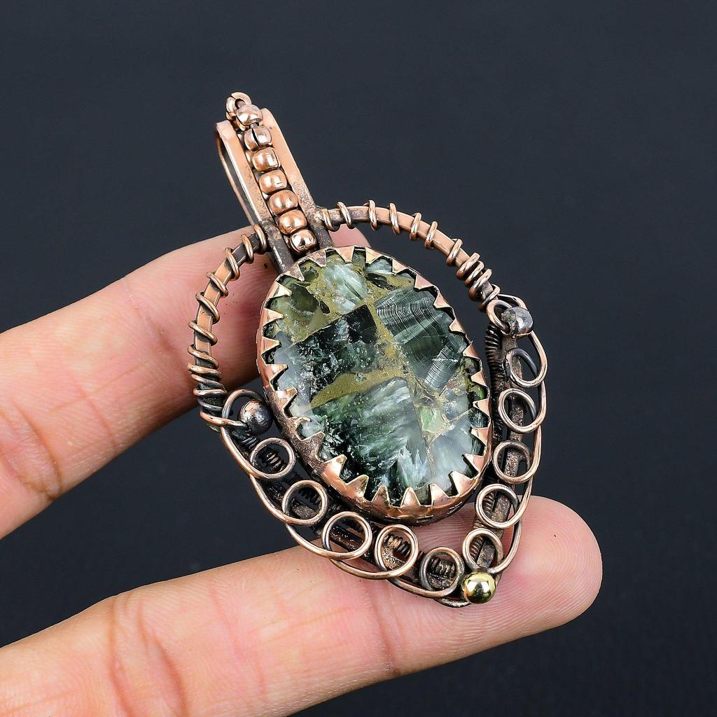 Copper Seraphinite Gemstone Pure Copper Wire Wrapped Handmade Wonderful Jewelry Pendant