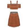 Womens Tribal Princess Set Off Shoulder Crop Top Mini Skirt Vintage Pattern Trim Tiered Tassel Faux Suede Costume