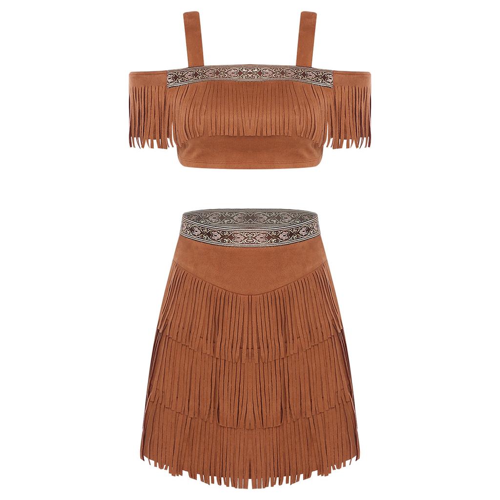 Womens Tribal Princess Set Off Shoulder Crop Top Mini Skirt Vintage Pattern Trim Tiered Tassel Faux Suede Costume