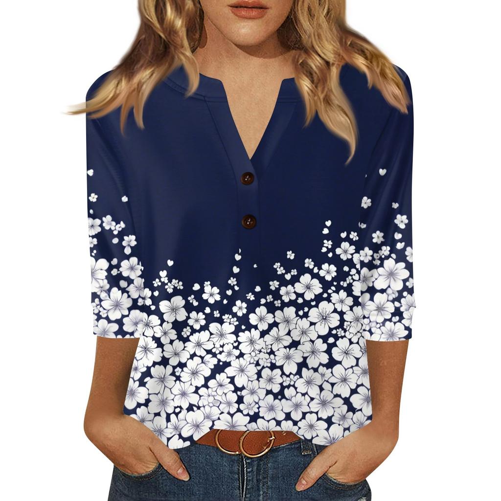 Women's T Shirt Print Button 3/4 Sleeve Daily Weekend Fashion Basic V- Neck Regular Top