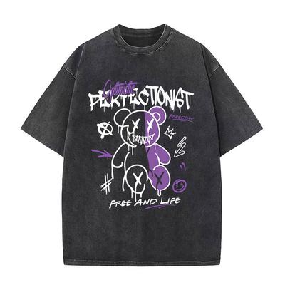 Herren- und Damen-Paarmodelle Retro Teufelsdruck Übergröße Bequem Atmungsaktiv Locker Oldschool Kurzarm Washed T-Shirt