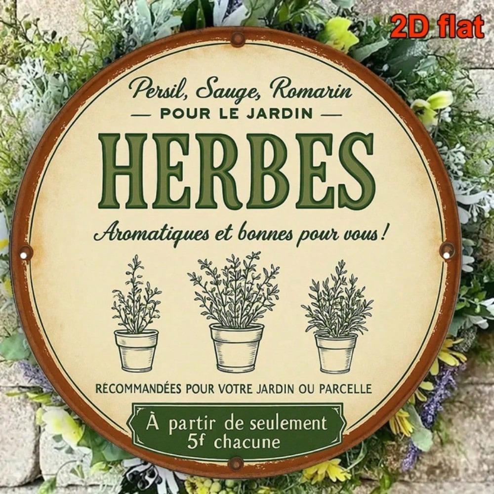 Vintage French Country Herb Tin Sign Round Tarragon Chamomile Marjoram Rustic Kitchen Farmhouse Wall Decor