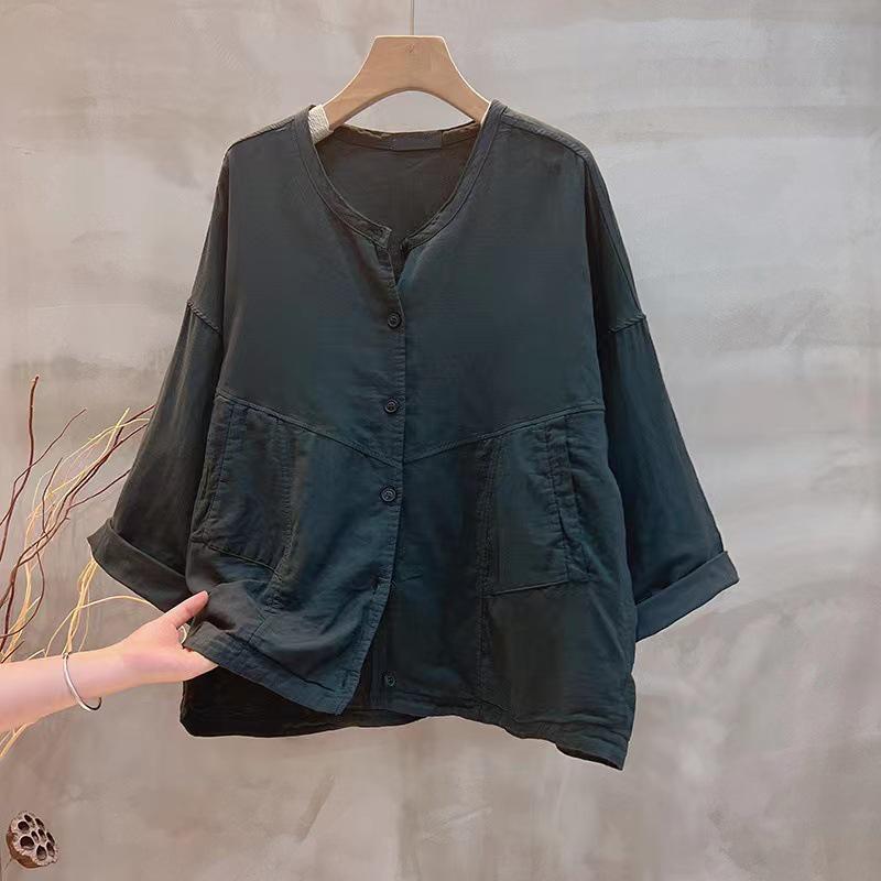 

Women s Double-Layer Cotton Round Neck Jacket - Spring Artistic Versatile Loose Fit Casual Solid Color Long Sleeve Top M