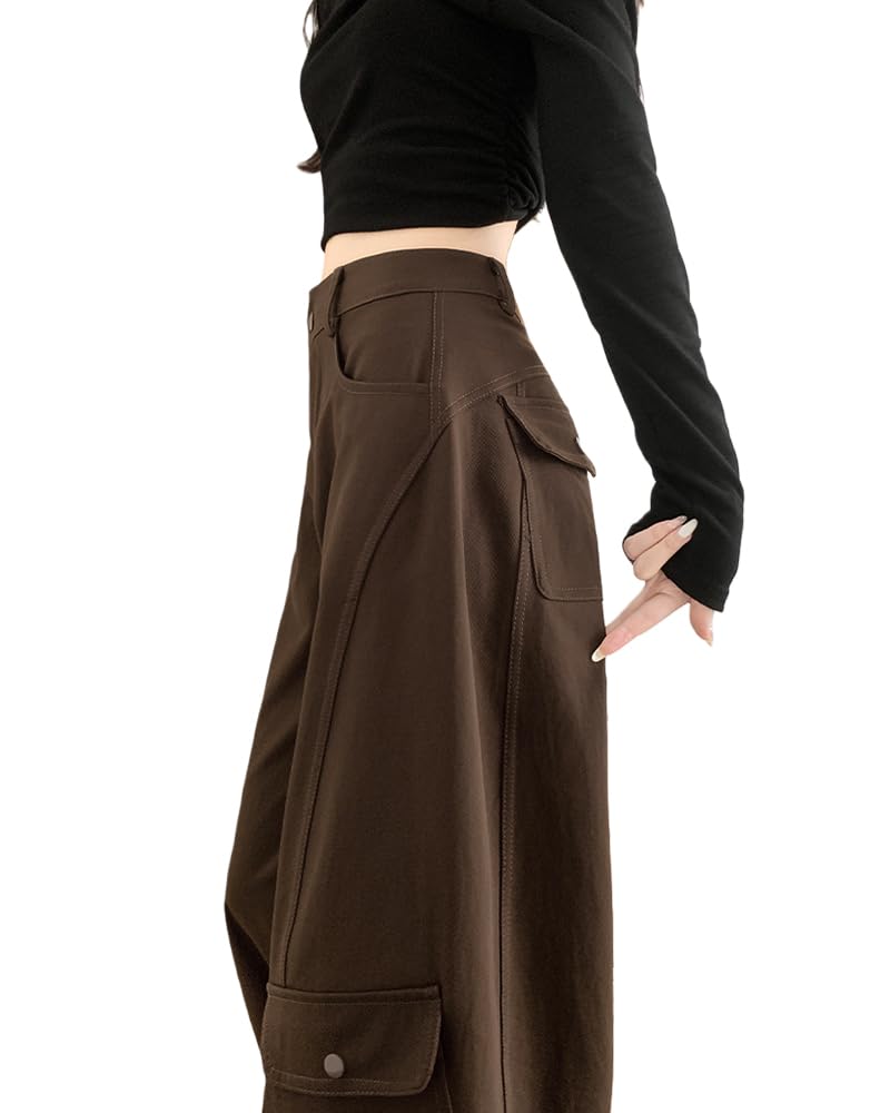 MTUIOY Cargo Casual and Perfect for Spring and Solid Loose Plus Sizes Brown L Women's Wide-Leg Pants, Stylish, Autumn, Color, Fit, - -