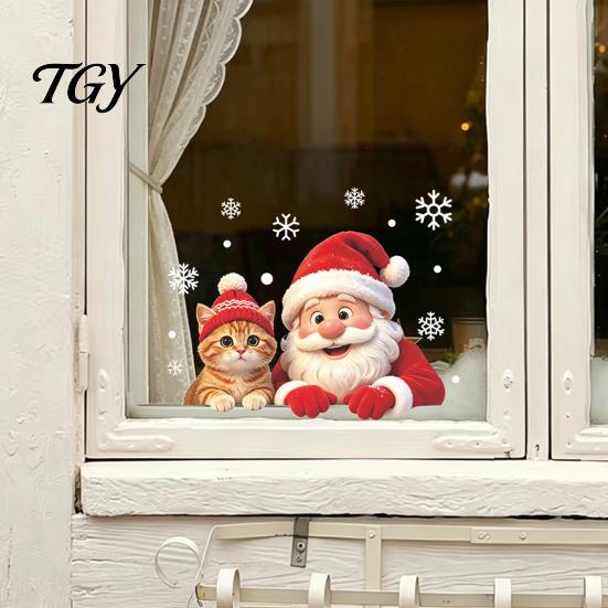 Holiday Glass Decals Christmas Santa Cat Window Sticker, Snowflake Xmas Decal, Waterproof Seasonal Pet Lover Gifts Self-Adhesive Decor for Balcony