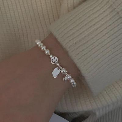 Korean S925 Silver Smile Face Bracelet: Retro Bead, Square Charm, Luck Symbol