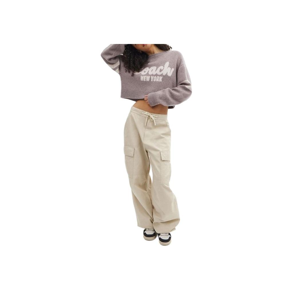 Coach Solid Color Pocket Mid Waist Button Cargo Pants Women Pants Khaki CN461-KHA
