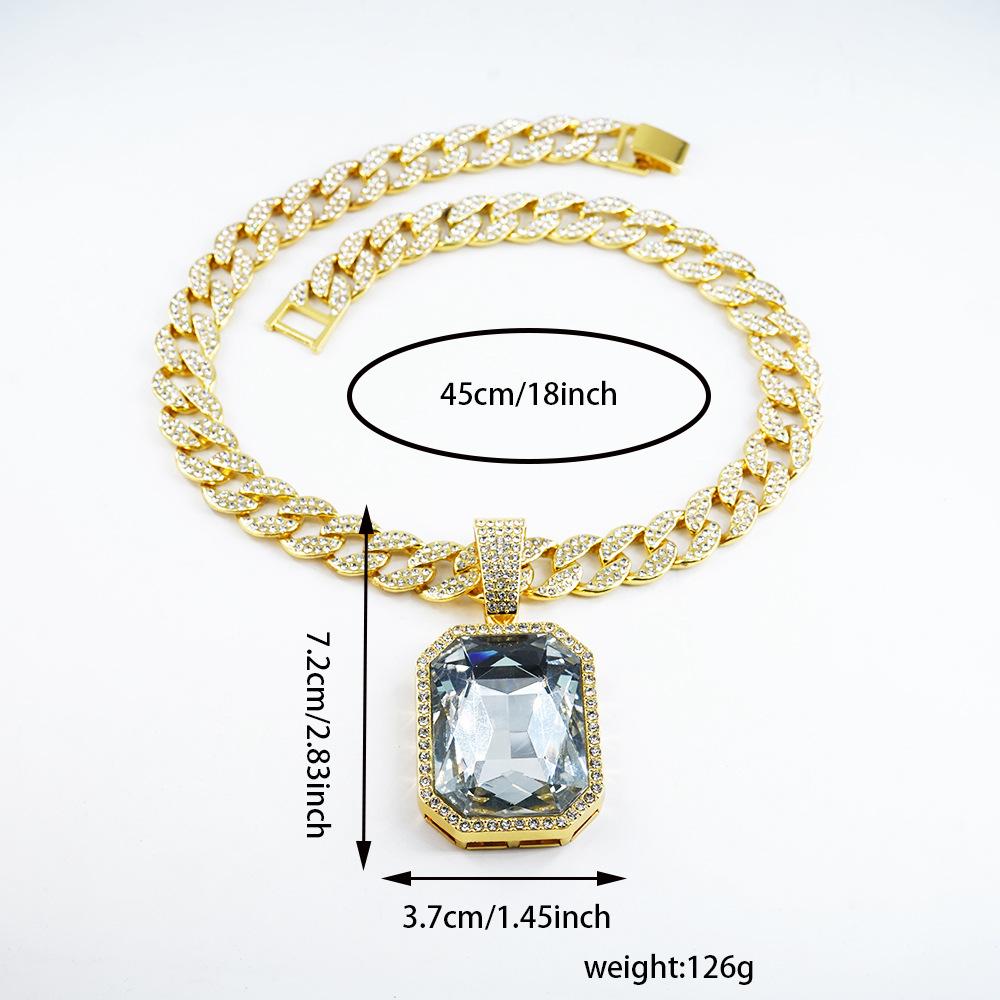 European and American Jewelry Fashion Square Colored Gemstone Necklace Pendant for Men, Hip-hop Style, Full Diamond Cuban Chain Necklace, Unisex