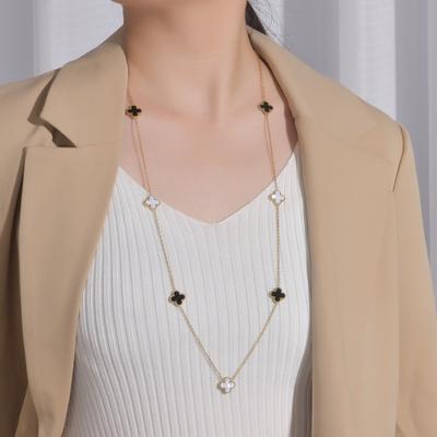 Collana da donna con quadrifoglio fortunato a doppia faccia in acciaio al titanio, lunga 80 cm, con temperamento premium