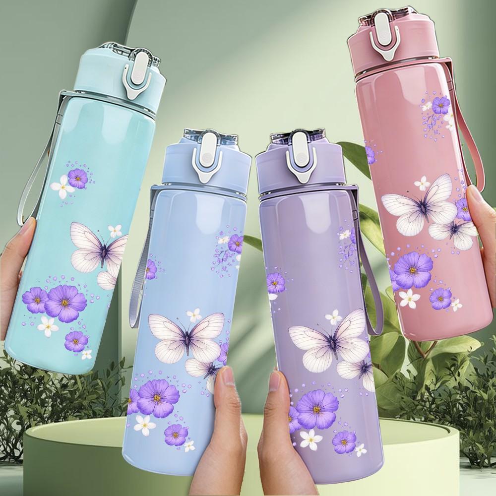 1PC Light Purple Butterfly Floral Print 750ml Color Plastic Sports Water Bottle Leakproof Flip Straw Lid Suitable for Sports Office Home Use