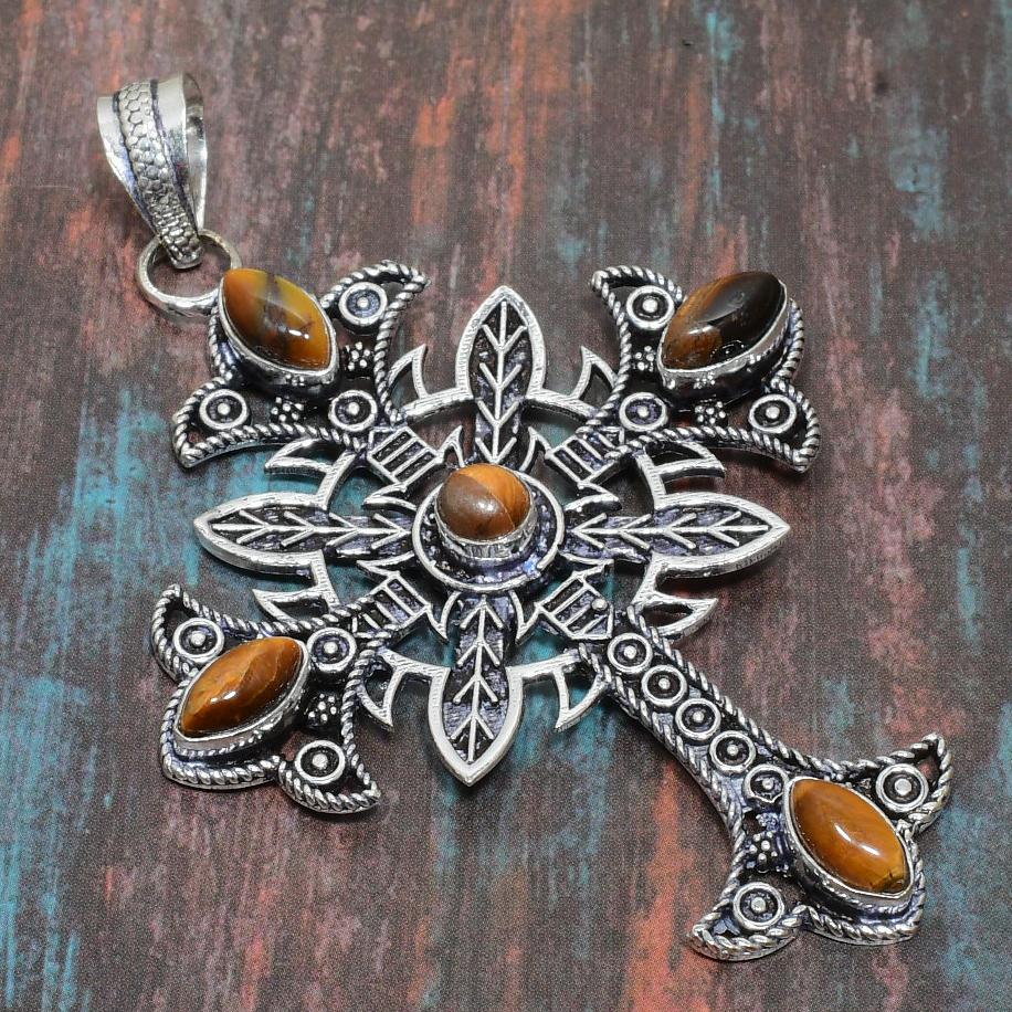 Beautiful Cross Tiger Eye Gemstone Handmade  925 Sterling Silver Jewelry Pendant